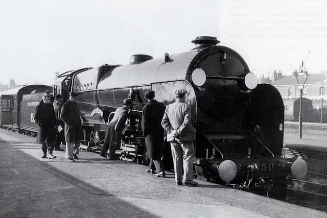 The doyen of the class, a Maunsell LN class (Lord Nelson) stands with an exhibition train. Picture: T. Bye collection.