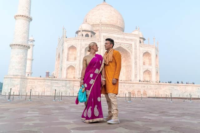 Southsea couple Craeme Robertson and Theodora Van De Pol at the Taj Mahal, India. Picture: Babe, Where's My Passport.