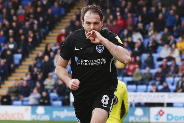 Brett Pitman scored Pompey's second goal in their 2-0 win at Shrewsbury Picture: Joe Pepler