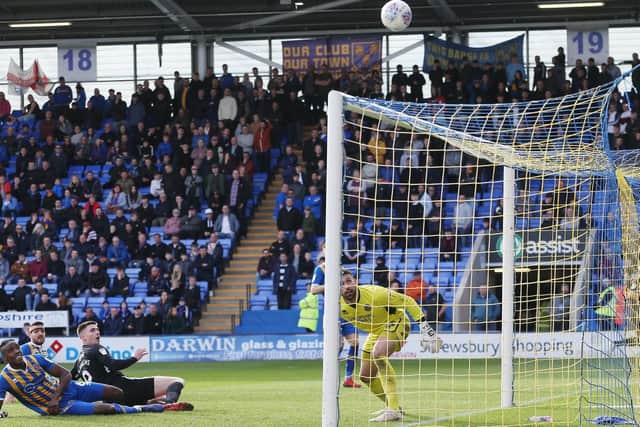 League One - Shrewsbury Town v Portsmouth - 23/03/19Portsmouths Oliver Hawkins hits the cross bar