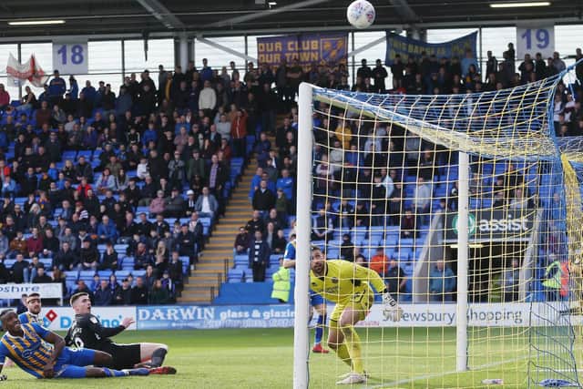 League One - Shrewsbury Town v Portsmouth - 23/03/19
Portsmouths Oliver Hawkins hits the cross bar