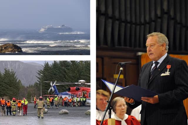 Top-left, MV Viking Sky stranded off the coast of Troms, bottom-left, passengers on safe ground after being evacuated and, right, former Havant Borough Council Leader Michael Cheshire. Pictures: PA Wire: Odd Roar Lange / NTB scanpix via AP, and Malcolm Wells