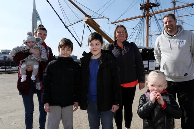 From left, Lindy Morrow with Elodie-Rose, 3 months, Lenton, 9, Jay, 10, Pamela Cowlishaw, Josie-Rose, 3, and Andy Miles at the taster day at Portsmouth Historic Dockyard, where some visitors were guests of The News'. Picture: Chris Moorhouse (240319-5)