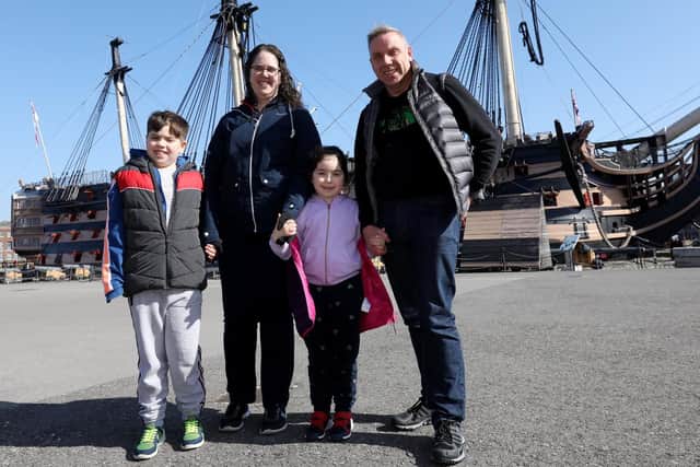 Stephanie and Steve Tomkinson and Daniel, 9, and Katie, 6 at the taster day at Portsmouth Historic Dockyard, where some visitors were guests of The News'. Picture: Chris Moorhouse (240319-6)