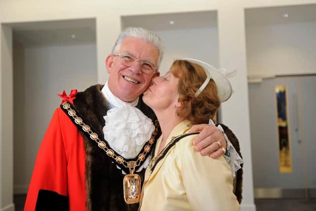 Former Havant mayor, the late Gerry Shimbart,  getting a peck on the cheek from his wife, Elaine, in 2012. Picture: Ian Hargreaves  (121614-3)