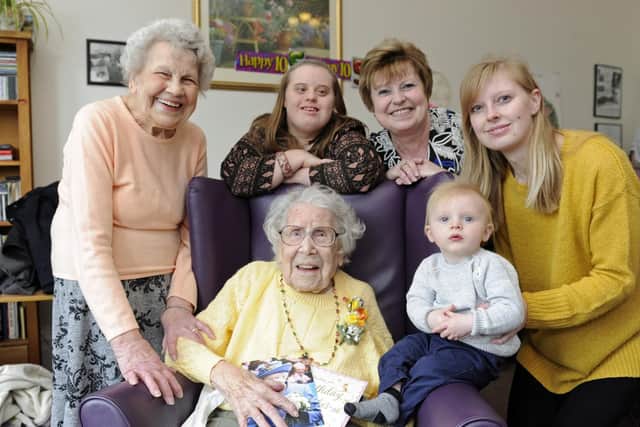 From left: daughter Shirley Davies, great-granddaughter Leah Wood, granddaughter Karen Wood, with great-grandaughter Darian Wood, and great great grandson Kai Reynolds.
Picture: Ian Hargreaves  (160319-5)