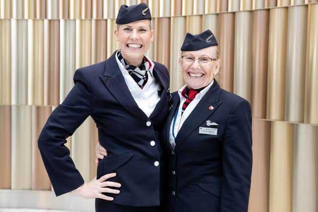 Trinette Shepherd, left, and her mum Christina Shepherd who were working together on a flight for mother's day, pictured at T5, London Heathrow. Picture: Nick Morrish/British Airways