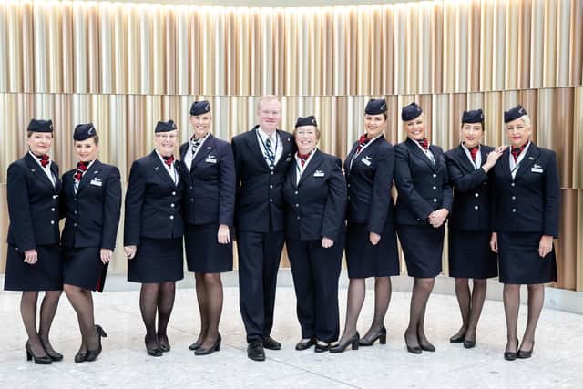 From left, Maria Bygrave and daughter Leah Bygrave, Christina Shepherd and her daughter Trinette Shepherd, Mark Eastaugh and his mum Margaret Eastaugh, Sasha Priechenfried and her mum Allison Priechenfried, Camilla Hannah and her mum Alison Hannah who were working together on a flight for mother's day pictured at T5, London Heathrow. Picture: Nick Morrish/British Airways)