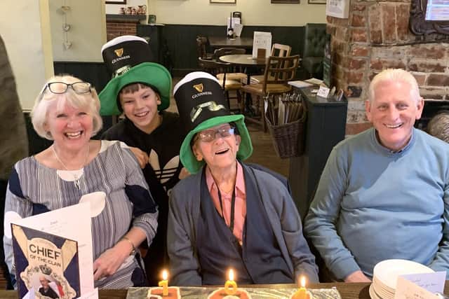 From left: Glenis, birthday boy and Bobs great-grandson Harry Gentles, Bob and Martin.