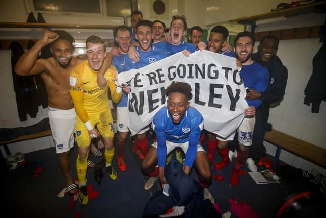 Wembley here we come! Pompey players celebrate after winning the Checkatrade Trophy semi final at Bury