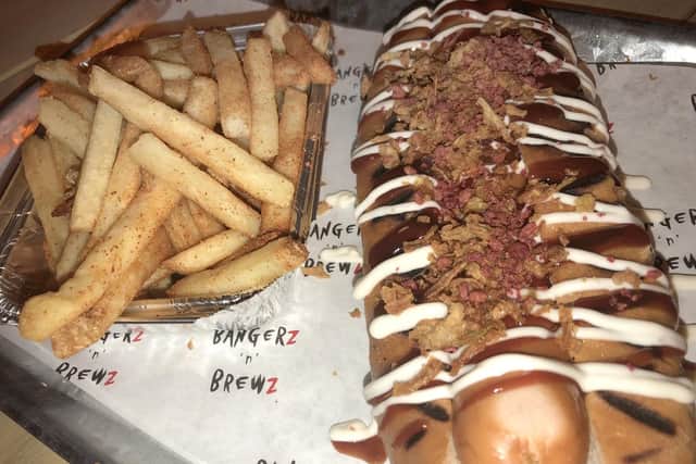 Cajun fries and the Cheesy BBQ Classic hot dog at Bangerz 'n' Brewz.