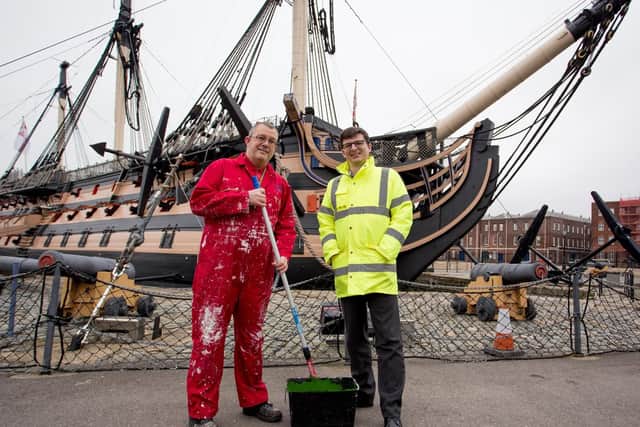 Historic ships painter Dave Bishop and Andrew Baines, Deputy Director of Heritage for the National Museum of the Royal Navy, in front of HMS Victory

Picture: Habibur Rahman
