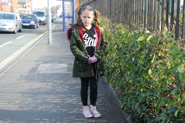 Tia Gash, nine, at the spot along Goldsmith Avenue in Southsea where she was attacked when she walked home from school. Picture: Habibur Rahman