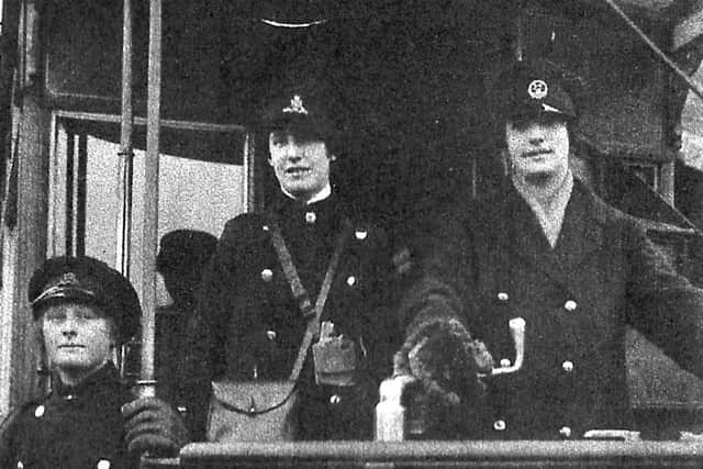 Seen back in 1919 are three girls who helped run trams in Gosport. At the controls is Helen Blacker.