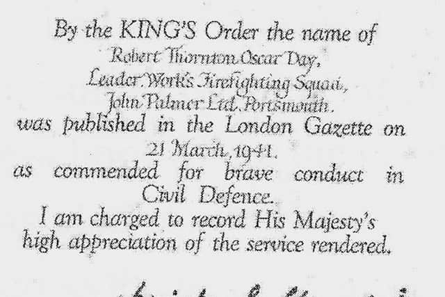 Posthumous Commendation awarded to one of the three killed at John Palmer's brush factory, Robert Thornton Oscar Day.