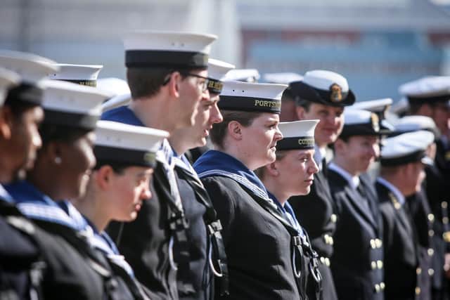 Sailors from the Royal Navy watch the ceremony. Picture: Habibur Rahman