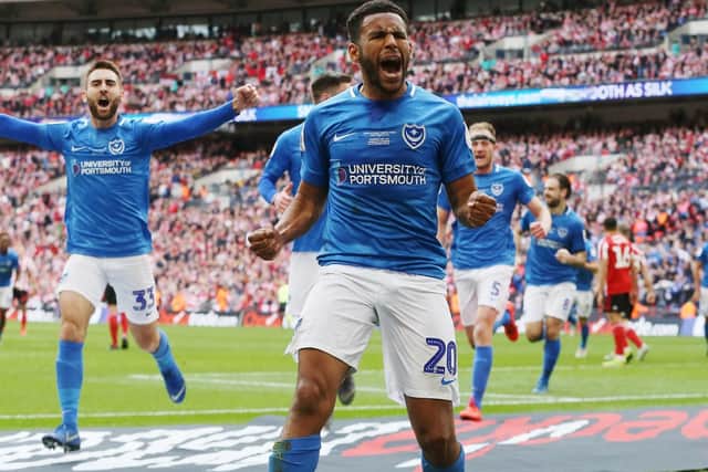 Nathan Thompson celebrates his goal in the Checkatrade Trophy final. Picture: Joe Pepler