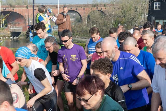 Guy Whittingham starts the 161st Fareham parkrun. Many Pompey fans were in attendance to kick off the weekend of Wembley celebrations
