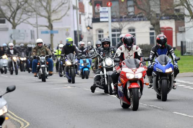 The funeral procession, made up of bikers
Picture: Sarah Standing (020419-4561)