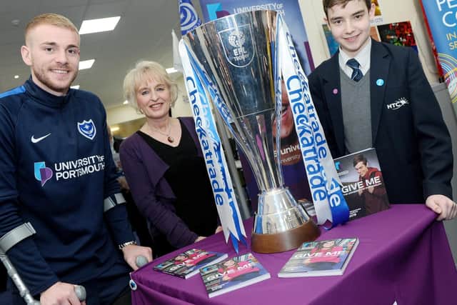 (l-r) Portsmouth FC player Jack Whatmough, Julie Summerfield, headteacher at Horndean Technology College and Martin Lloyd (14).
Picture: Sarah Standing (020419-)