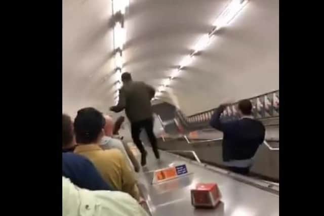 Josh Cobb films pal Ethan Andrews run down centre of tube escalator just before Pompey played in the Checkatrade Trophy Final at Wembley