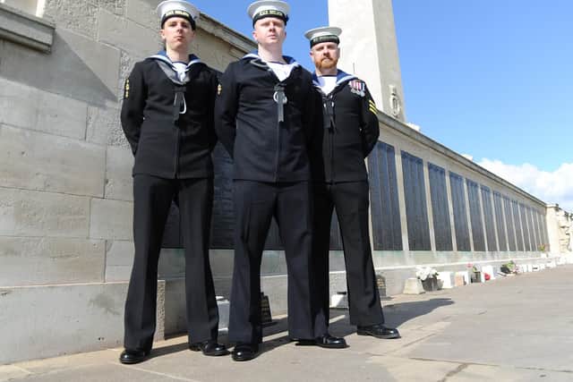 Serving Royal Navy personnel, Lee Campbell, Joel Newby and Jamie Martin near the memorial
Picture: Habibur Rahman