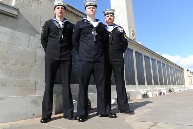 Serving Royal Navy personnel, Lee Campbell, Joel Newby and Jamie Martin near the memorial

Picture: Habibur Rahman