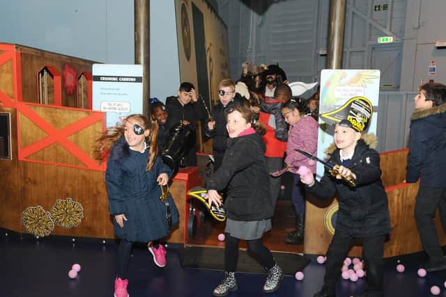 Children from St George's Beneficial Primary School enjoy a sneak-peek of the Horrible Histories Pirates exhibition at Portsmouth Historic Dockyard. Picture: Sarah Standing (040419-5197)