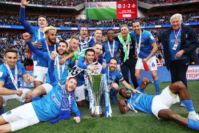 Pompey celebrate their Checkatrade Trophy triumph at Wembley. Picture: Joe Pepler