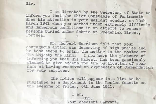 A letter from Whitehall to Sydney confirming his award for bravery.