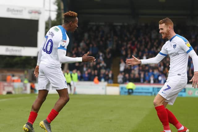 Jamal Lowe celebrates his opening goal with Tom Naylor. Picture: Joe Pepler