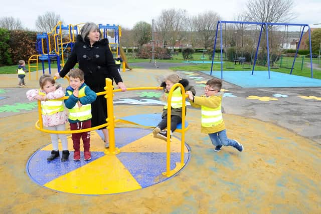Cllr Sue Bell, executive member for leisure and community with from left, Mia Coleborn, four, Ernest Burrell, four, Summer Leaning, four, and Aubrey Solly, four 
Picture: Sarah Standing (050419-5626)