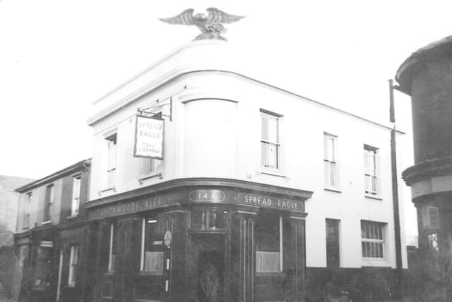 With Cottage View running off to the right, here's the Spread Eagle with the glorious carved wooden eagle on the roof.