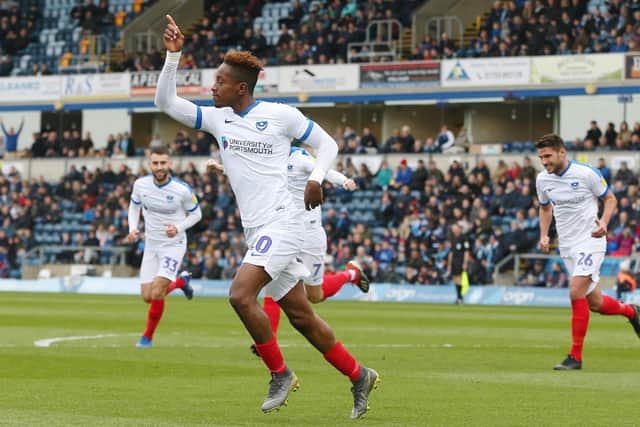 Jamal Lowe celebrates his 15th goal of the season at Wycombe. Picture: Joe Pepler