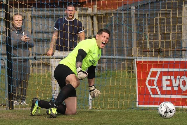 The Lakeside goalkeeper makes the all important penalty save. Picture: Kevin Shipp