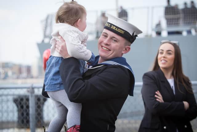 Type 45 Destroyer HMS Dragon returns to Portsmouth after a seven-month deployment to the Gulf on Fri 12 Apr 2019