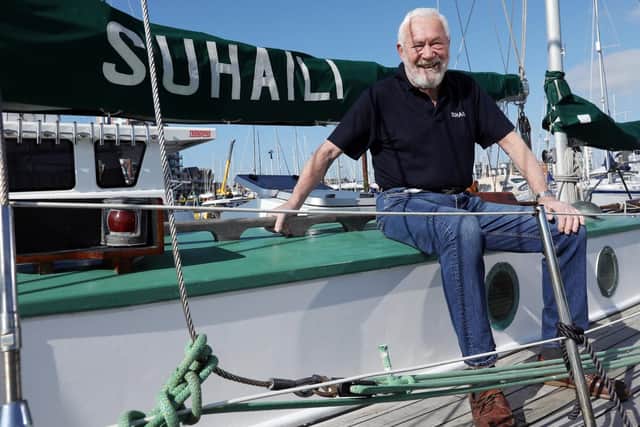 Sir Robin Knox-Johnston aboard Suhaili at Gosport Marina. Commemorative events will take place in Falmouth, Cornawall, on April 22nd, marking fifty years since his solo, non-stop, circumnavigation of the globe.            Picture: Chris Moorhouse              (110419-7)