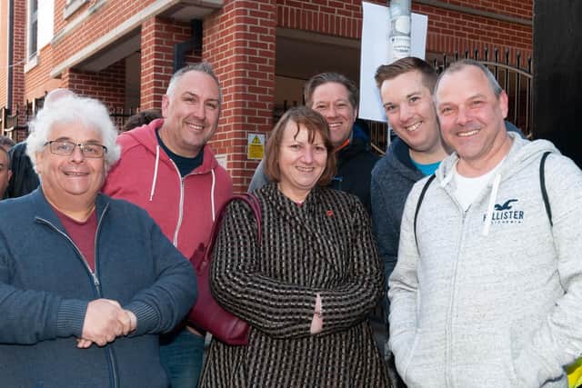 Vinyl enthusiasts brave the cold to que outside the store (L-R) Terry Bateman, Paul Craig, Debbie Bateman, Wayne Harris, Lewis Gauntlett and Ray Waters. Picture: Duncan Shepherd.
