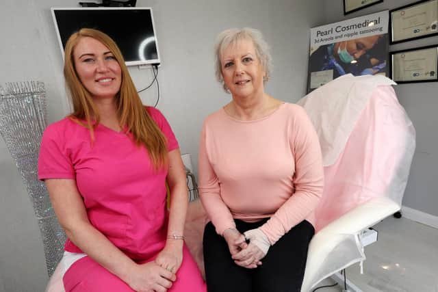 Cosmedical artist Pearl Meldrum with Bettina Brown, who has had nipple tattoos following breast cancer  Picture: Chris Moorhouse (140419-27).