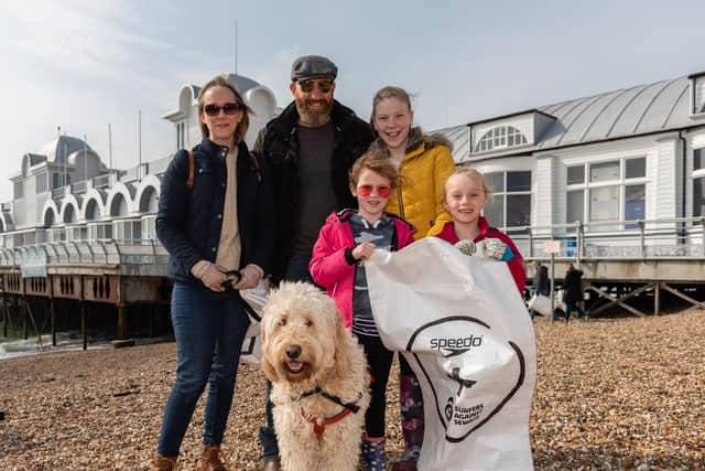 Big Spring Beach Clean - The Warren family are Caroline, Mike, Natalie (age 13), Summer (age 7), Molly (age 6) and Roger the Labradoodle. (060419-006)