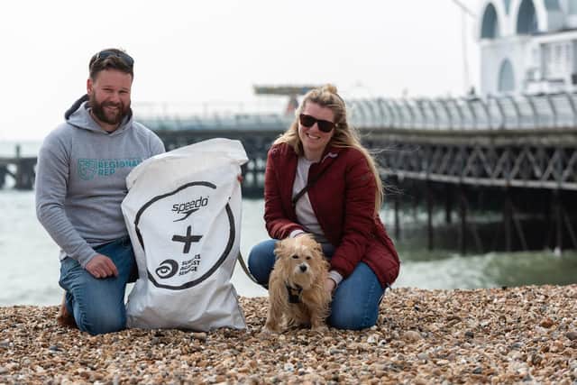 Big Spring Beach Clean - Organisers Adam and Meg Sennitt with their dog Sandy. (060419-016)