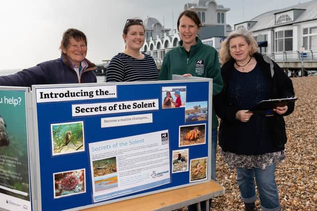 Big Spring Beach Clean - The Hampshire & Isle of Wight Wildlife Trust were providing information about their Secrets of the Solent project funded by the National Lottery. (l-r) Moira Barber, Sophie Evingar, Rachel Bryan and Julie Trevellick. (060419-014)