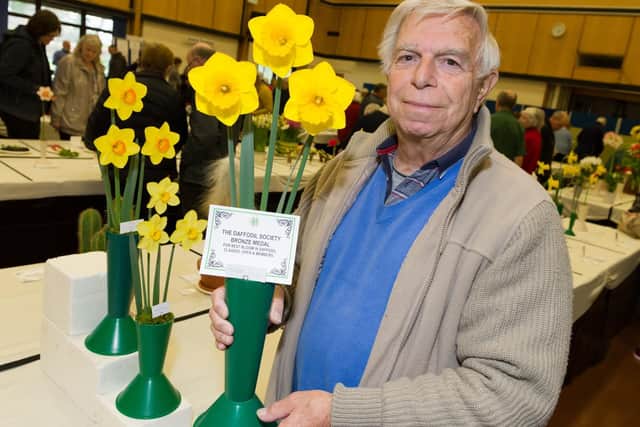 The Hayling Island Horticultural Society has more than 800 numbers and is gearing up to put on its Spring Show for 2019.  Members create floral displays  enjoyed by visitors, and judged by Cllr Peter Wade, Mayor of Havant - Mark Ward with his prize winning daffodils awarded first place and 'best in show'. Picture: Duncan Shepherd