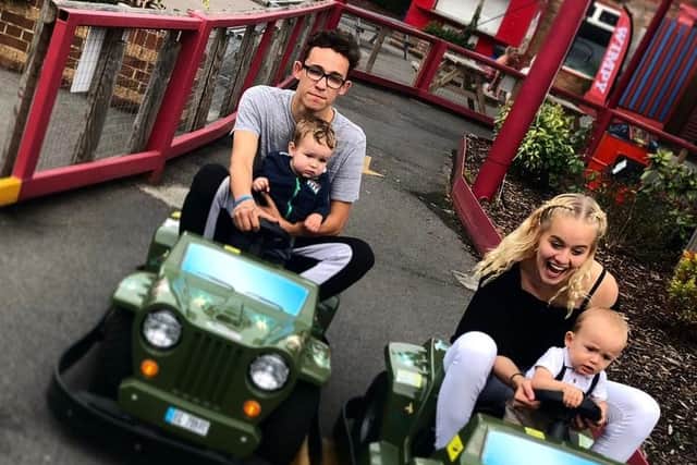 Courtney, right, with her partner Connor and their two young boys. Picture: Medavia