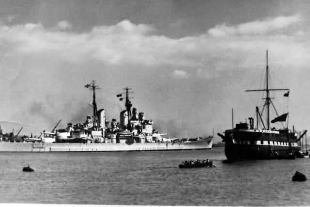 HMS Vanguard passing TS Foudroyant, 1954. Picture:: Barry Cox postcard collection.