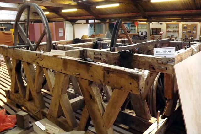 This bell frame is on display at Bursledon Brickworks Museum, Swanwick. Made of oak, note the mortise and tenon joints.