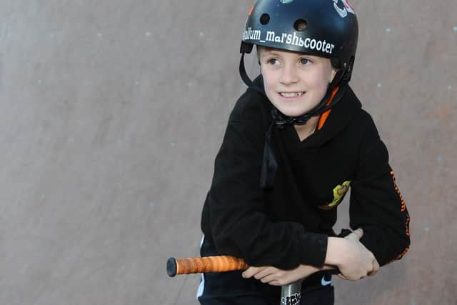 Kallum Marsh, 8, from Denmead, is one of the best scooter riders in the country in his age group. Picture: Sarah Standing (140219-9145)