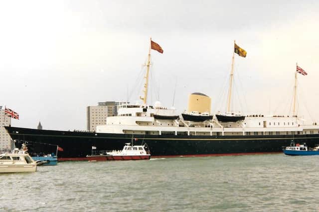 With standards flying at her mastheads, here's a much-missed sight in Portsmouth, the royal yacht Britannia. Picture: Jenny Vincent
