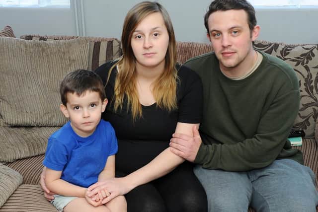 Pictured is: Sam Barnard (22) with his girlfriend Jessica Warnes (21) and Jessica's son Parker King (3).
Picture: Sarah Standing (280319-4530)