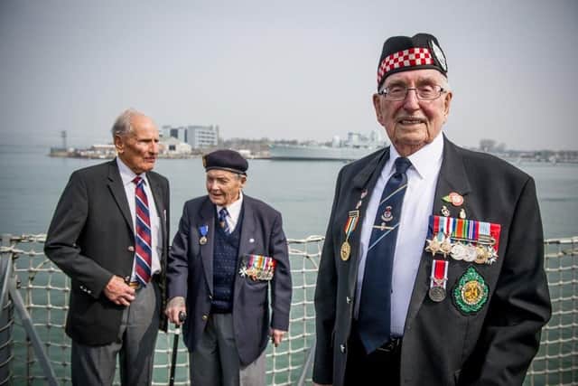 Pictured: from left, veterans Greg Hayward 9,3 of the Royal Air Force, Eric Strange, 95, of Crawley who served in the Royal Navy and Leonard Williams 93 of the Isle of Wight who was in the British Army 
Picture: Habibur Rahman